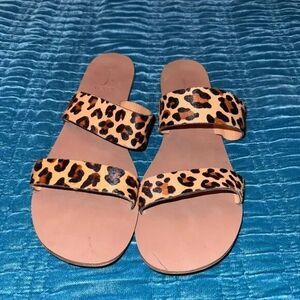 J. Crew Leopard Brown Tan Flat Sandals Double-Strap Slide Size 11 Animal Print